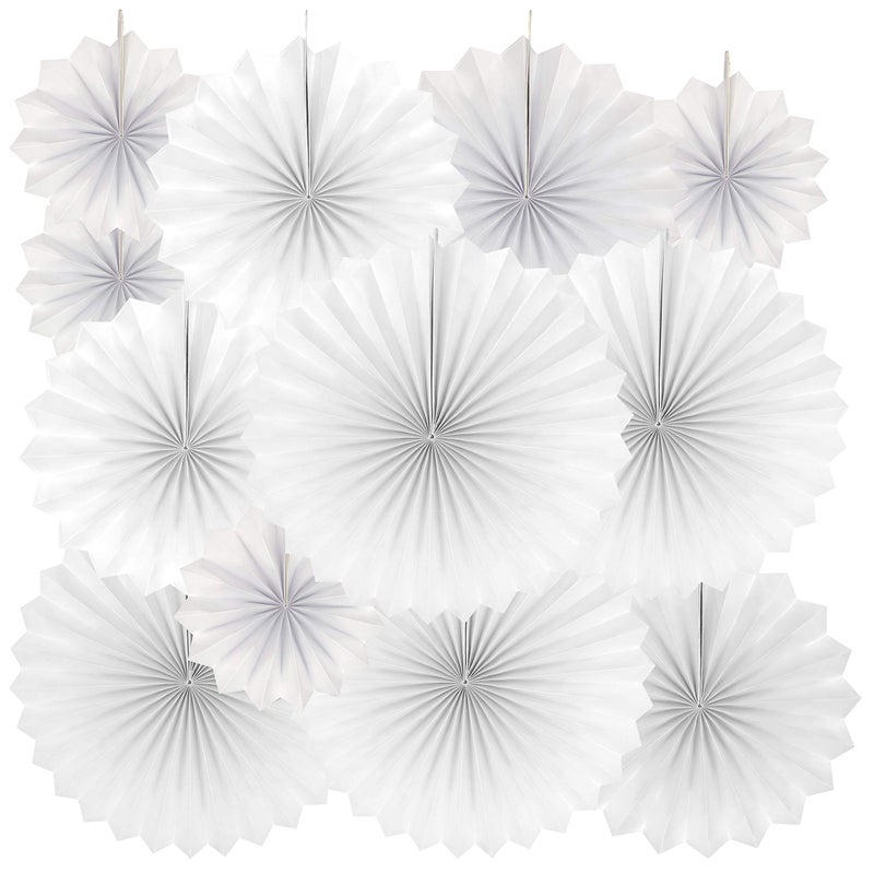 AKIO CRAFT White Party Hanging Paper Fans Decor - Wedding Engagement Anniversary Party Favors Winter Wonderland 1st Birthday Baby Shower Halloween Christmas Party Photo Booth Backdrops Decorations, 12pc - Image 1